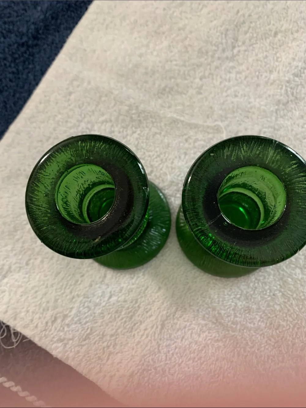 Set of 2 Crinkle Green Glass Taper Candle Holders - approximately 3 1/4 inches